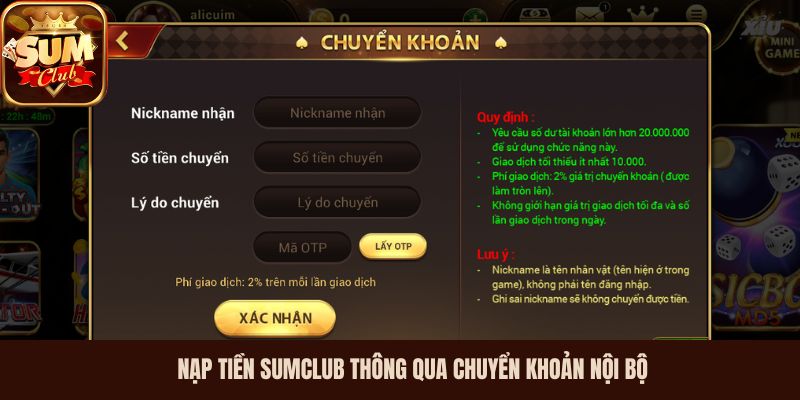 Nạp tiền SumClub thông qua chuyển khoản nội bộ